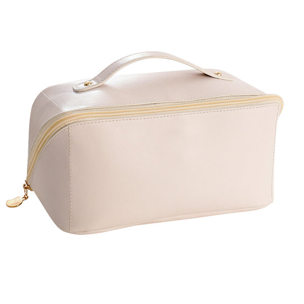 Large Capacity Travel Cosmetic Bag Makeup Organizer with Brushes Slots Divider-Beige