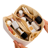 Large Capacity Travel Cosmetic Bag Makeup Organizer with Brushes Slots Divider-Beige
