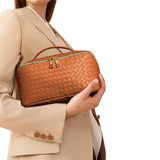 Large Capacity Travel Cosmetic Bag Organizer Makeup with Brushes Slots Dividers-Brown