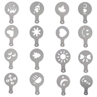 Stainless Steel Icing Sugar Cocoa Coffee Shaker with 16 Piece Coffee Stencils Set