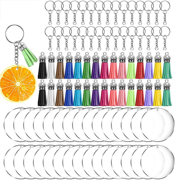 90Pcs DIY Keyring Clear Acrylic Circle Discs Keychain Tassel Pendant Set