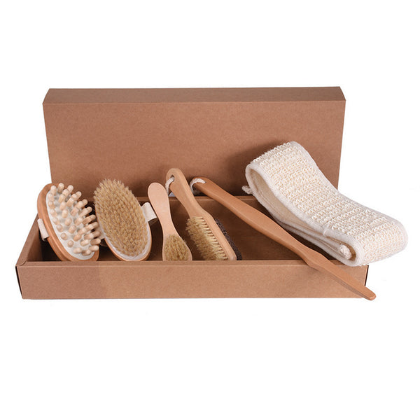 6Pcs Wooden Boar Bristle Body Brush Dry Brushing Set