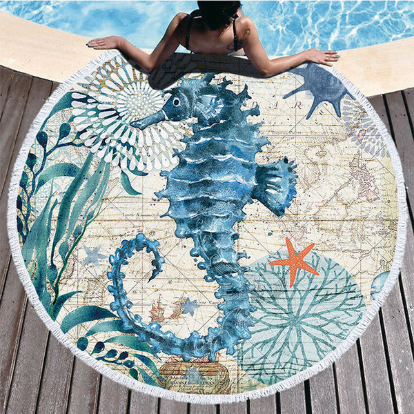 Undersea World Quick Dry Beach Towels Sand Free Beach Blankets 150CM Beach Mats with Tassels Seahorse Style