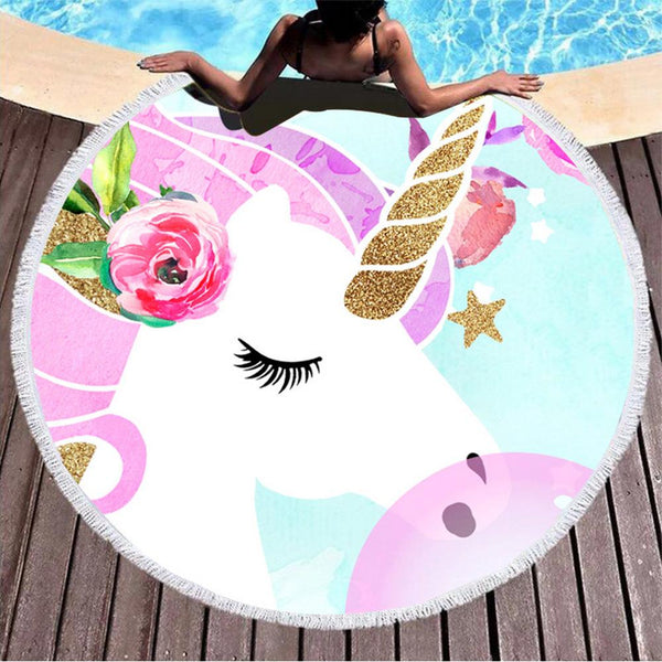 Unicorns Print Quick Dry Beach Towels Sand Free Beach Blankets 150CM Beach Mats with Tassels
