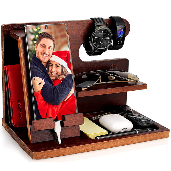 Wood Phone Docking Station Key Holder Wallet Stand Watch Organizer