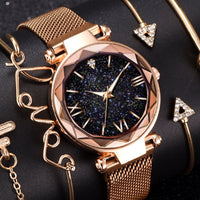 Women Watch and Bracelet Set Magnet Buckle Watch Quartz Wristwatch Bracelet Set Fashion Accessories for Women Girls