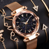 Women Watch and Bracelet Set Magnet Buckle Watch Quartz Wristwatch Bracelet Set Fashion Accessories for Women Girls