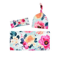 Newborn Swaddle Wrap Headband Hat Set Soft Muslin Baby Wrap Swaddle Blanket Floral Print Baby Blanket Baby Bedding Accessories