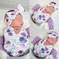 Newborn Swaddle Wrap Headband Hat Set Soft Muslin Baby Wrap Swaddle Blanket Floral Print Baby Blanket Baby Bedding Accessories