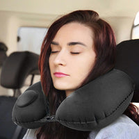 Portable Push-type Inflatable U-Shaped Travel Neck Pillow Car Headrest Cushion - Black