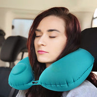 Portable Push-type Inflatable U-Shaped Travel Neck Pillow Car Headrest Cushion - Peacock green