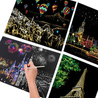 Scratch Art World-Famous City Painting Paper Colourful Magic Large Paper Painting Art Adult Kid Magic Scratch Art Painting Paper With Wooden Draw DIY Stick Kit Bamboo Stick inc.