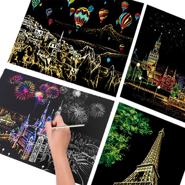 Scratch Art World-Famous City Painting Paper Colourful Magic Large Paper Painting Art Adult Kid Magic Scratch Art Painting Paper With Wooden Draw DIY Stick Kit Bamboo Stick inc.