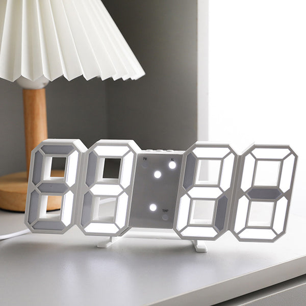 Large 3D LED Wall Desk Digital Alarm Clock USB Powered White
