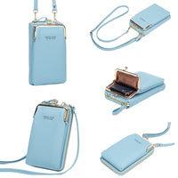 Women Mobile Phone Bag PU Leather Purse Wallet Shoulder Pouch Small Crossbody-Blue