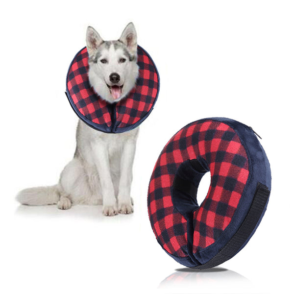 Inflatable Pet Recovery Collar Adjustable Pet Elizabeth Protective Collar for Dogs and Cats S Size-Red Grid