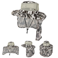 Adult Camouflage Bucket Hat Breathable Mesh Mountaineering Hat Wide Brim Fishing Cap Sun Shade Hat with Neck Flap-Grey Camo