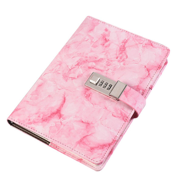 FancyGrab PU Leather Marble Diary with Combination Lock Secret Journal Notebooks for Girls Women Pink