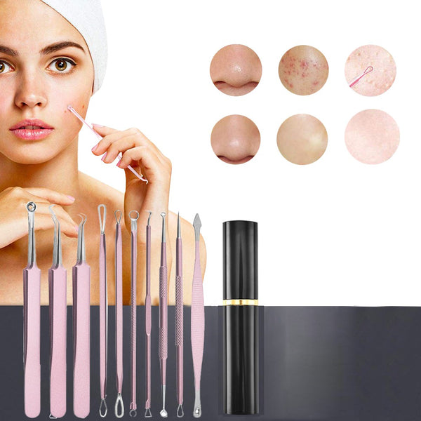 10 Pcs Black Head Remover Pimple Popper Tool Kit Pink