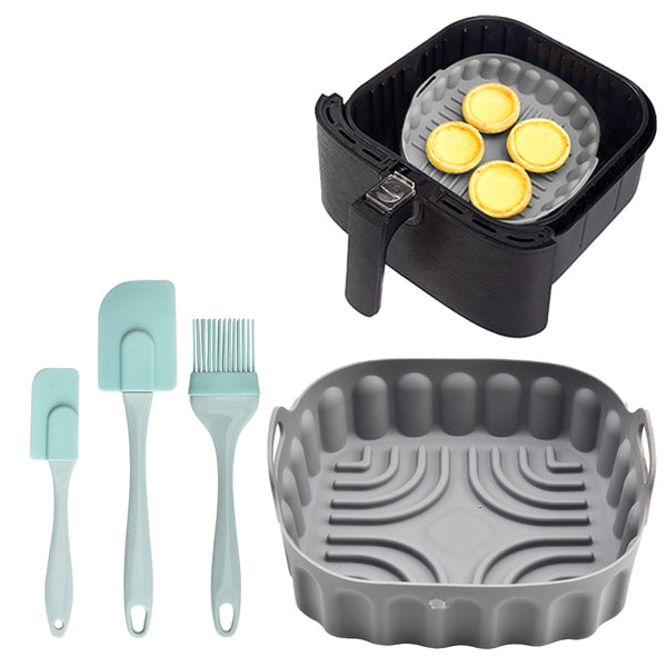 FancyGrab Reusable Air Fryer Silicone Pot Baking Tray Air Fryer Liner Pizza Oven Basket with 3Pcs Baking Tool Set Grey