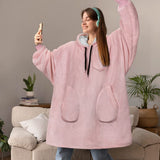 Unisex Oversize Hooded Blanket with Pocket Wearable Hoodie Blanket for Adult Pink
