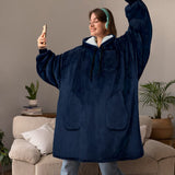 Unisex Oversize Hooded Blanket with Pocket Wearable Hoodie Blanket for Adult Navy Blue