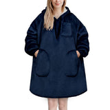 Unisex Oversize Hooded Blanket with Pocket Wearable Hoodie Blanket for Adult Navy Blue