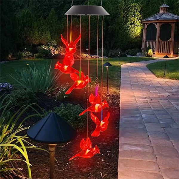 Solar Powered LED Cardinal Bird Wind Chime Color-Changing Light Yard Decor