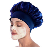 Elastic Solid Color Satin Round Sleeping Cap for Women Navy Blue