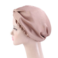 Women Satin Sleeping Cap Wrap Hair Bonnet Turban Elastic Headwear Khaki