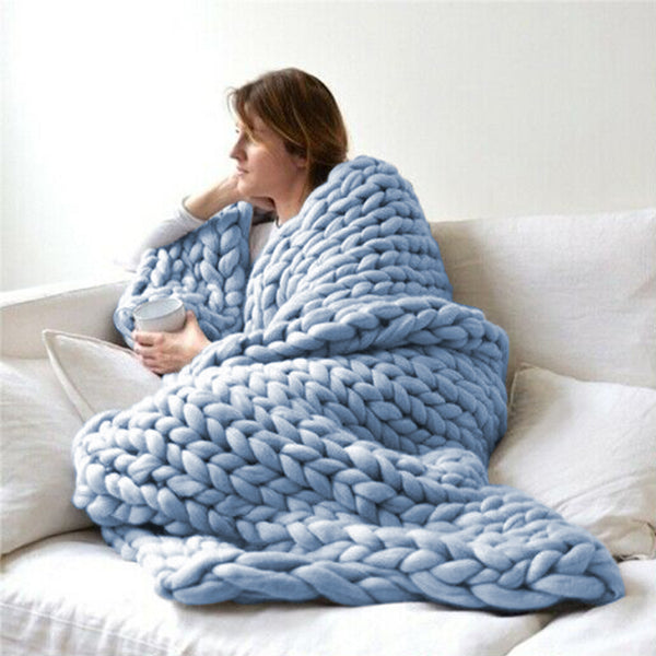 100 x 120cm Chunky Knitted Blanket Throw Blanket Thick Yarn Blanket-Blue