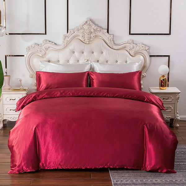Queen Quilt Cover Silk Satin Bedding Set-Wine Red