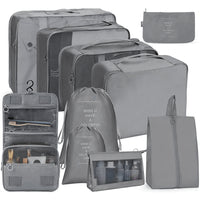 10 pcs Set Packing Cubes Travel Pouches Luggage Organizers Gray
