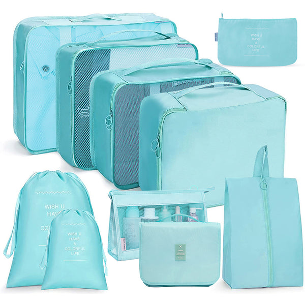 10 pcs Set Packing Cubes Travel Pouches Luggage Organizers Light Blue