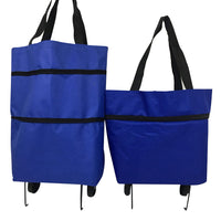 Foldable Two Stage Shopping Cart Shopping Trolley with Wheels Collapsible Storage Bag for Traveling Shopping-Blue