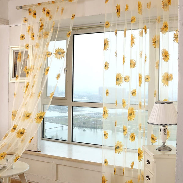 Pair of Floral Sunflower Window Curtains Voile Curtains Room Door Curtain Sheer Panel Home Decor