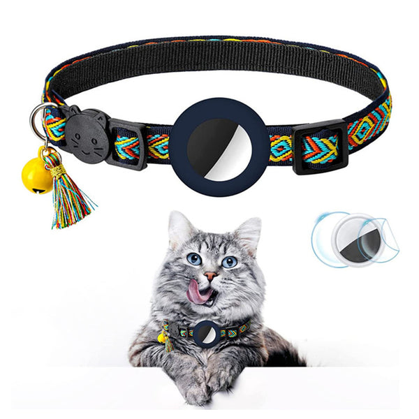 Pet Cat Collar with Airtag Case Adjustable Geometric Pattern Cat Collar with Bell and Tassel Dark Blue