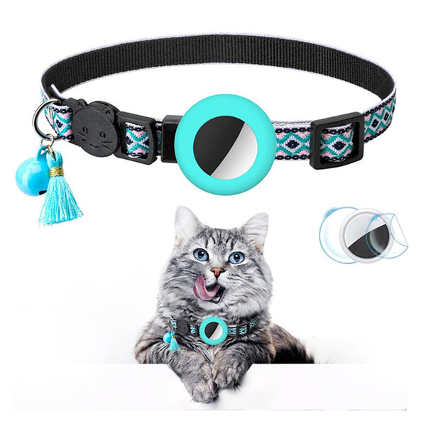 Pet Cat Collar with Airtag Case Adjustable Geometric Pattern Cat Collar with Bell and Tassel Green