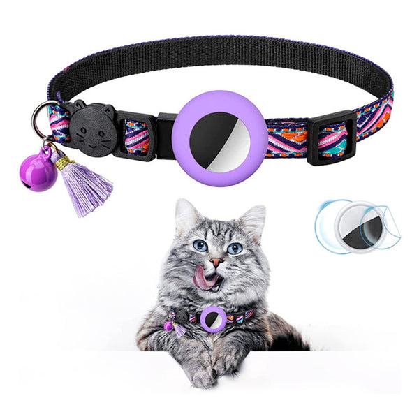 Pet Cat Collar with Airtag Case Adjustable Geometric Pattern Cat Collar with Bell and Tassel Purple