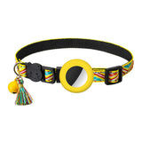 Pet Cat Collar with Airtag Case Adjustable Geometric Pattern Cat Collar with Bell and Tassel Yellow