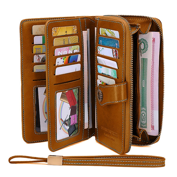 Women RFID Blocking Wallet PU Leather Purse Credit Card Holder Coin Purse with Wrist Strap Brown