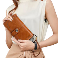 Women RFID Blocking Wallet PU Leather Purse Credit Card Holder Coin Purse with Wrist Strap Brown