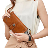 Women RFID Blocking Wallet PU Leather Purse Credit Card Holder Coin Purse with Wrist Strap Brown