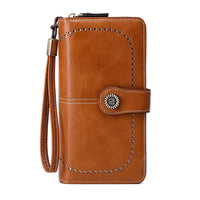 Women RFID Blocking Wallet PU Leather Purse Credit Card Holder Coin Purse with Wrist Strap Brown