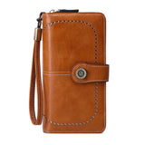 Women RFID Blocking Wallet PU Leather Purse Credit Card Holder Coin Purse with Wrist Strap Brown
