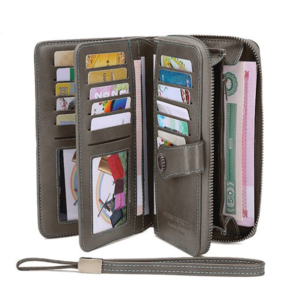Women RFID Blocking Wallet PU Leather Purse Credit Card Holder Coin Purse with Wrist Strap Grey