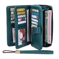 Women RFID Blocking Wallet PU Leather Purse Credit Card Holder Coin Purse with Wrist Strap Peacock Blue