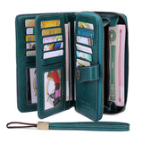 Women RFID Blocking Wallet PU Leather Purse Credit Card Holder Coin Purse with Wrist Strap Peacock Blue