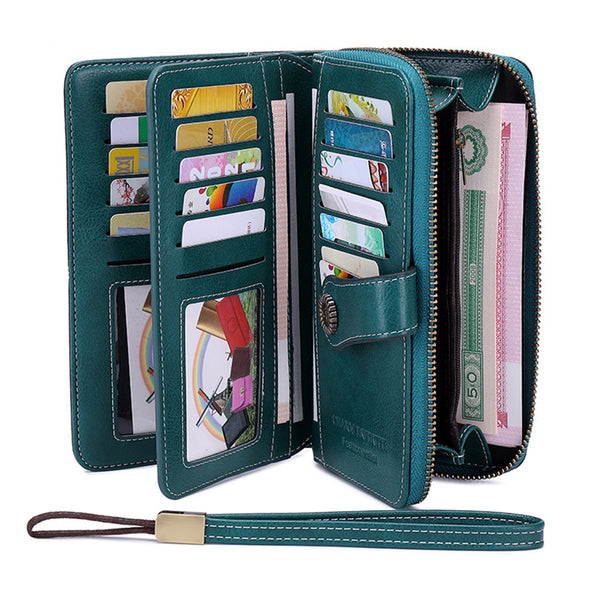 Women RFID Blocking Wallet PU Leather Purse Credit Card Holder Coin Purse with Wrist Strap Peacock Blue
