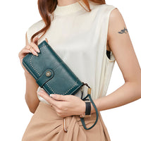 Women RFID Blocking Wallet PU Leather Purse Credit Card Holder Coin Purse with Wrist Strap Peacock Blue